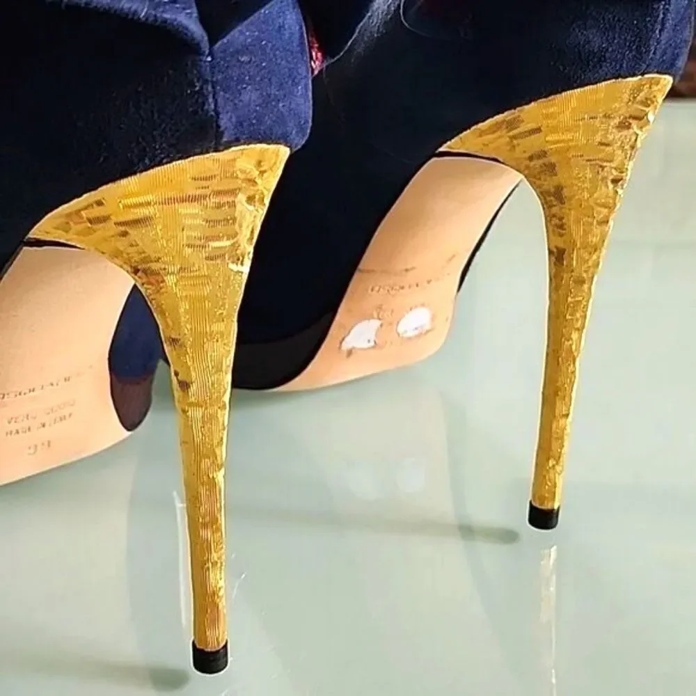 DSQUARED2 New Blue‎ Velvet Peep Toe Textured Gold Stiletto Heels Size 7.5